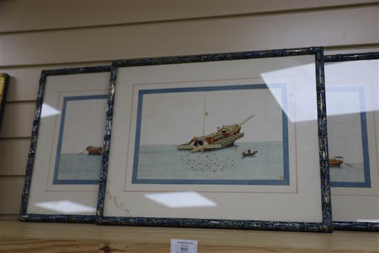 Four 19th century Chinese gouaches on pith paper, depicting junks and watercraft, 20 x 32cm